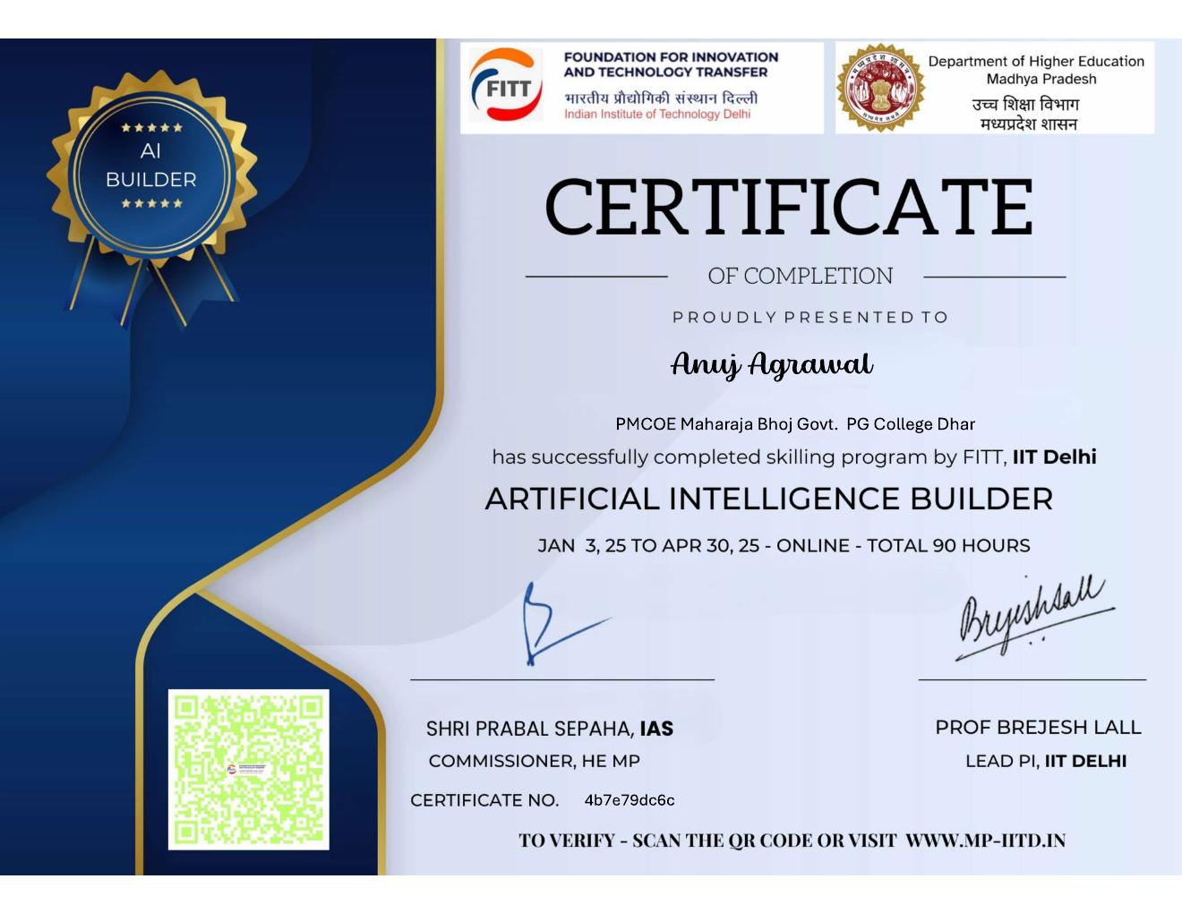 Preview of Anuj Agrawal's Artificial Intelligence Builder certificate from FITT, IIT Delhi