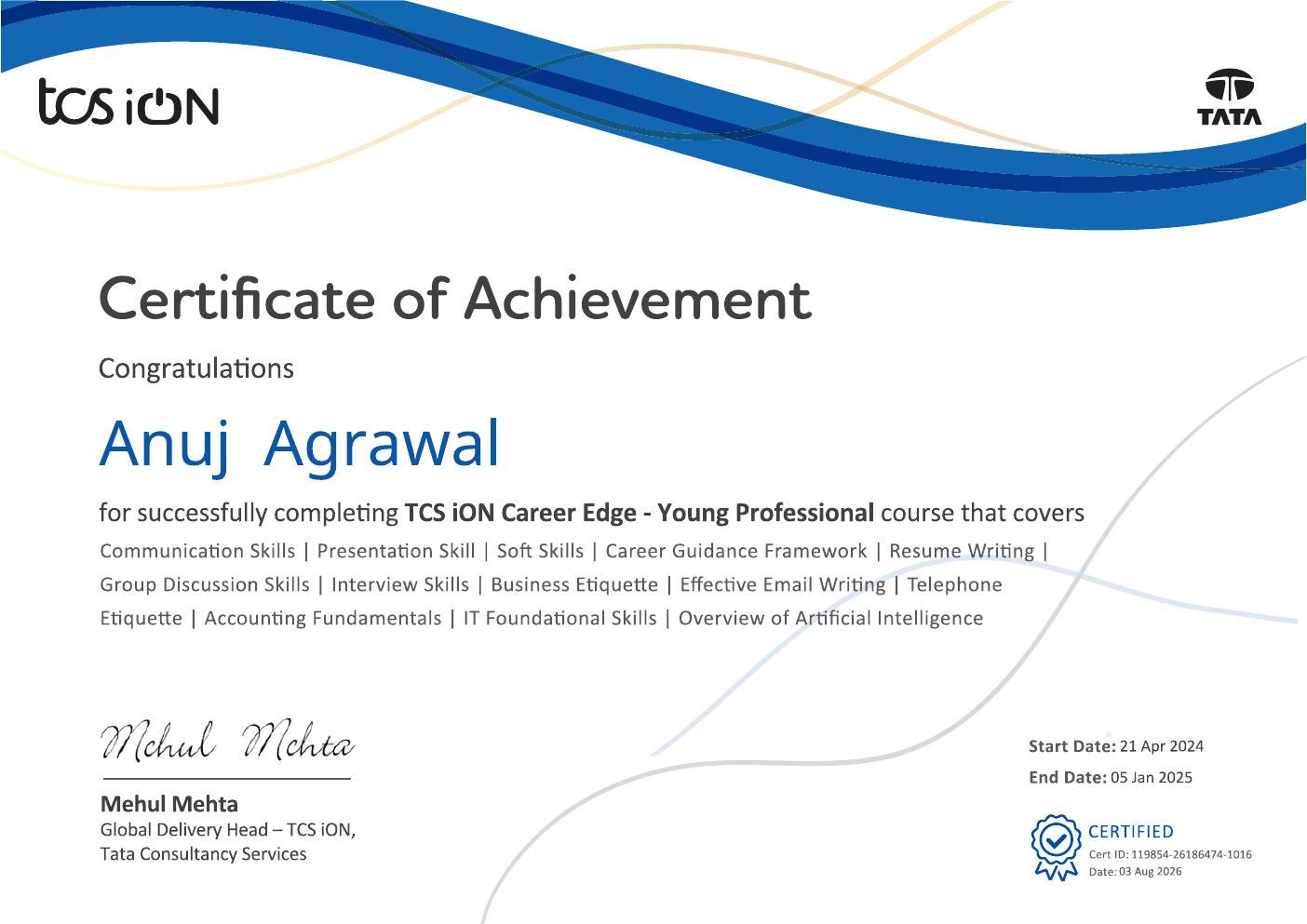 Preview of Anuj Agrawal's TCS iON Career Edge Young Professional certificate